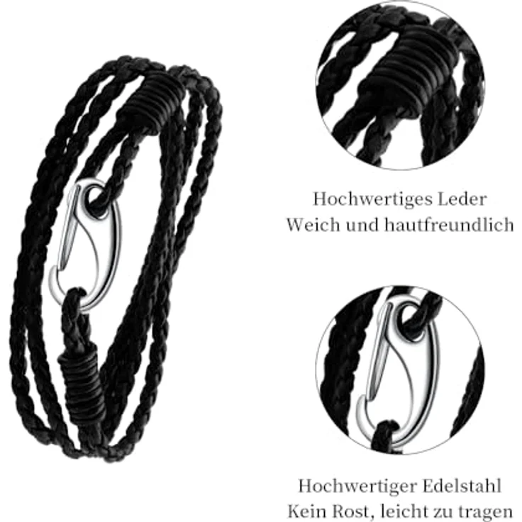 Viwind Geflochtenes Lederarmband Damen, Multilayer mit Edelstahl-Karabiner, 20cm, Schwarz, in Geschenkbox – Bild 2