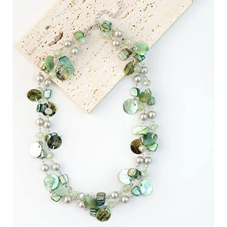 FULU AUTUMN Kristall Perlenkette Boho Muschelkette, 18 Zoll + 2.7 Zoll Verlängerung, grün, handgefertigt, eleganter Modeschmuck für Damen – Bild 5