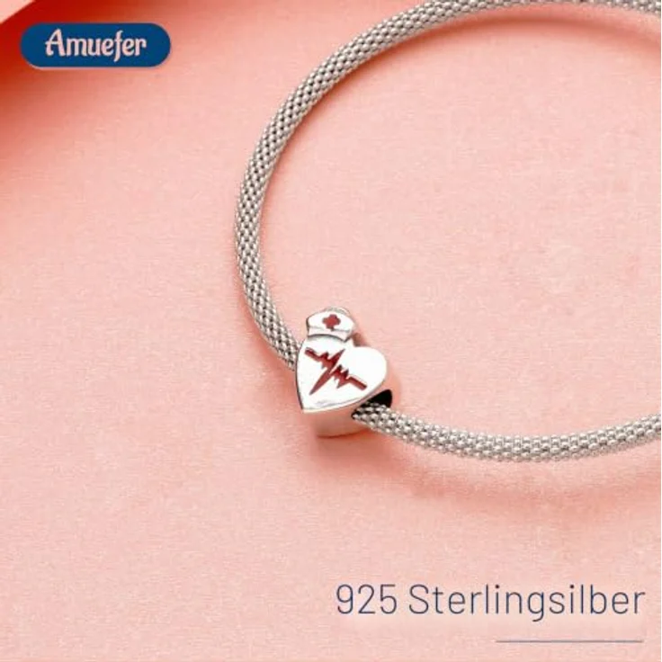 Amuefer Nurse Heartbeating Charm, 925 Sterling Silber Bead mit 5A Zirkonia für Armbänder und Halsketten, Geschenkidee für Frauen – Bild 2
