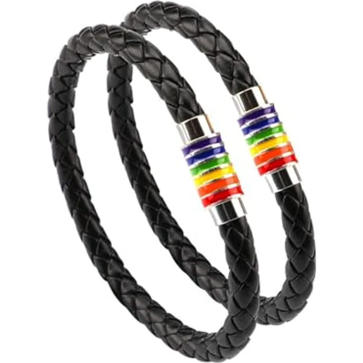 PHOGARY Gay Pride Armband, 2er Set Regenbogenarmband aus schwarzem Leder mit Edelstahl Magnetverschluss, 22 cm – Bild 1