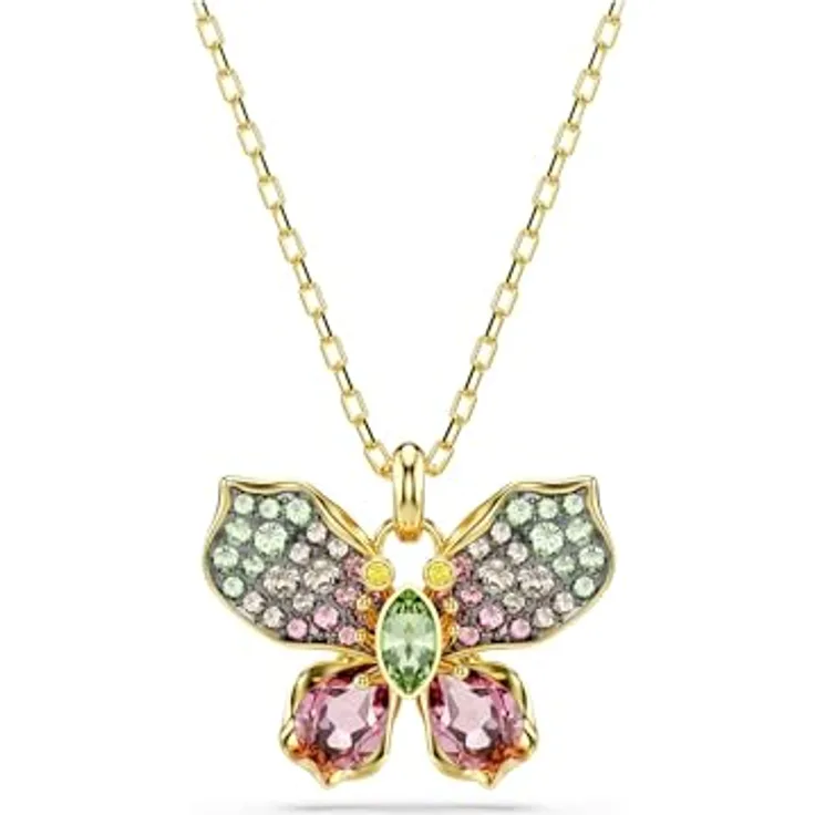 Swarovski Idyllia Anhänger, Mehrfarbige, Vergoldete Damenhalskette mit Schmetterling-Anhänger aus Kristallen, Länge: 42-49 cm