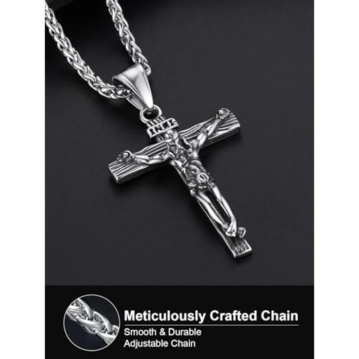 U7 Edelstahl Kreuz Halskette, INRI Kruzifix Jesus Christus Anhänger mit 50+5cm Weizenkette, Silber-Ton, antiallergen und verstellbar – Bild 5