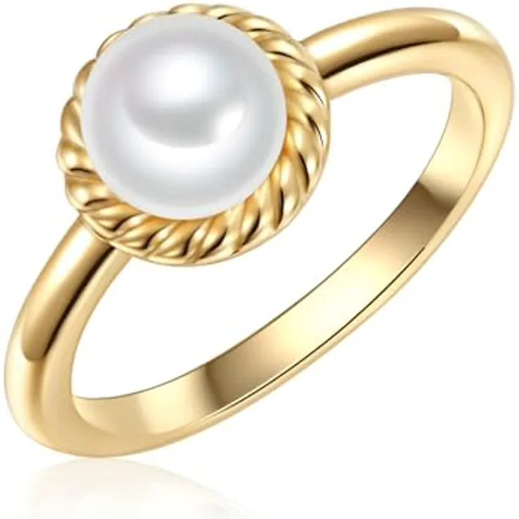 Valero Pearls Damen Ring aus 925/- Sterling Silber gelbvergoldet mit Süßwasser-Zuchtperle weiß 7,0-8,0 mm und Zirkonia