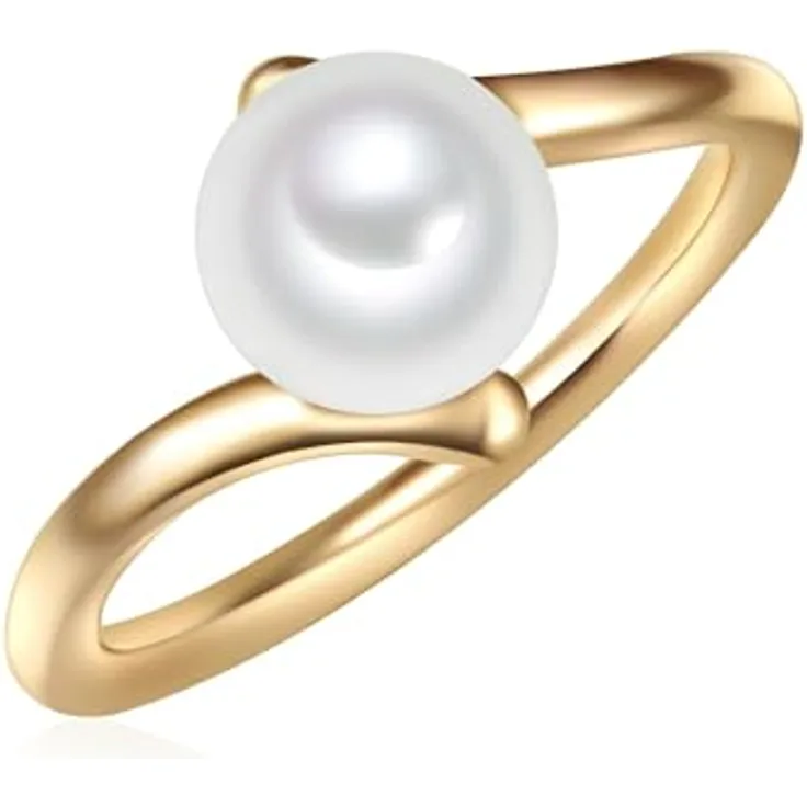 Valero Pearls Damen-Ring Welle, Sterling Silber 925 gelbvergoldet, Süßwasser-Zuchtperle 8 mm, weiß, moderner Perlenring für Frauen