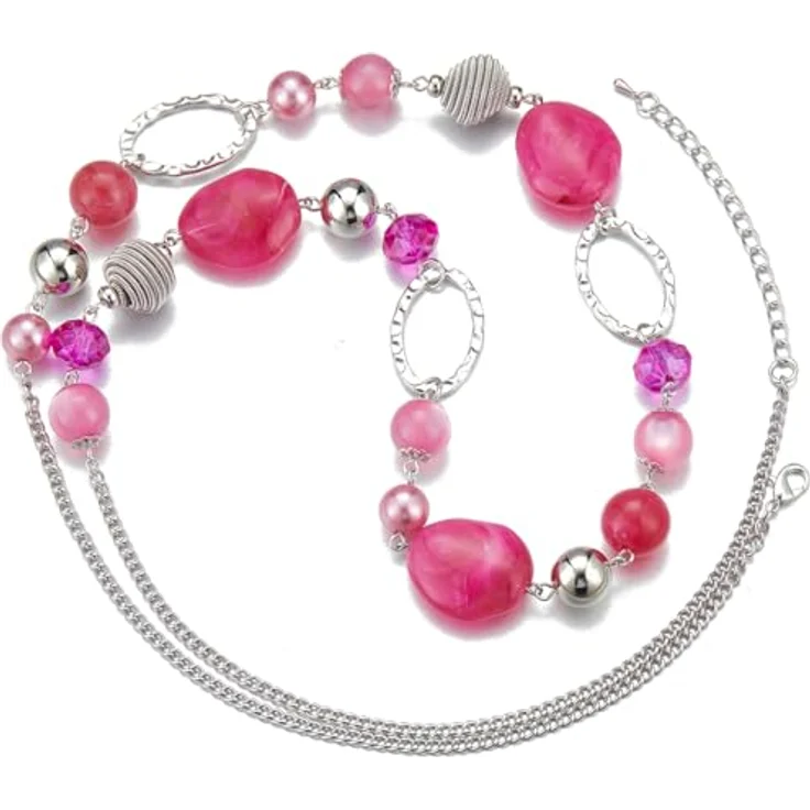 Bulinlin Lange Silber Perlenkette für Damen, Boho Statement Chain Halskette in Hot Pink, 35+3 Zoll, Bleifrei und Nickelfrei, Modisches Geschenk für Frauen – Bild 2