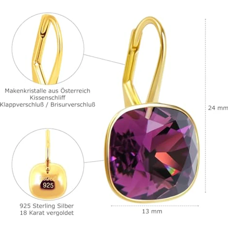 NOBEL SCHMUCK Ohrringe Klappverschluss, 925 Sterling Silber vergoldet mit roten Amethyst Kristallen – Bild 3