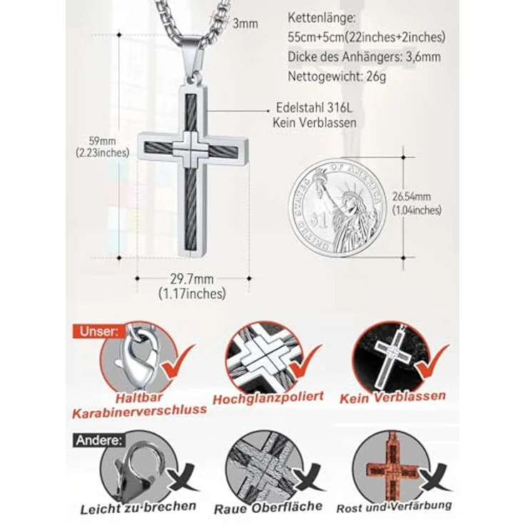 FaithHeart Kreuz Kette, Edelstahl Venezianier Halskette mit Kreuz Anhänger, 55CM lang, silber, für Herren und Damen, wasserdicht und hypoallergen – Bild 3