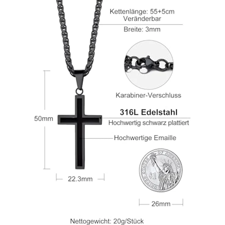 Richsteel Kreuz Kette Herren, Silber/Gold/Schwarz Edelstahl Halskette 55+5cm verstellbar, personalisierbarer Kettenanhänger, christliches Schmuckstück – Bild 4