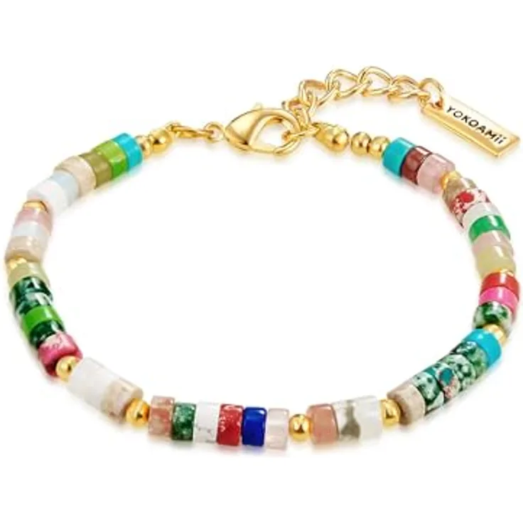 Yokoamii Armband Y21, gelbgold bunt mit Achatperlen und Verlängerungskettchen