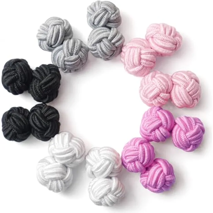 HONEY BEAR Seidenstoff Knoten Manschettenknöpfe Set, 5 Paar in Rosa, Schwarz und Weiß, handgefertigt, Durchmesser 8 mm, ohne Box