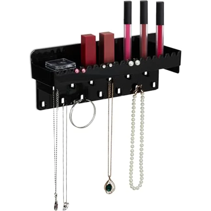 Relaxdays Schmuckhalter Wand, Organizer für Ketten, Ohrringe & Armbänder, hängend mit Ablage, schwarz, 12 x 30 x 8 cm