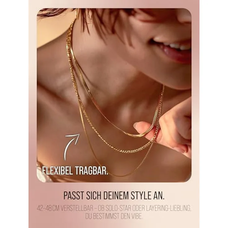 THIORA Halskette Damen, Dreireihige Edelstahl Layering Kette in Silber, verstellbar, wasserfest, nickelfrei – Bild 5