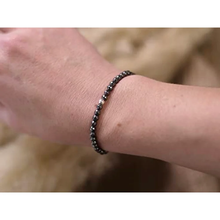 BERGERLIN Hämatit Armband 925 Sterling Silberperle, facettiertes Perlen Armband in Größe M, Handmade, Unisex, mit Leinen Säckchen – Bild 3