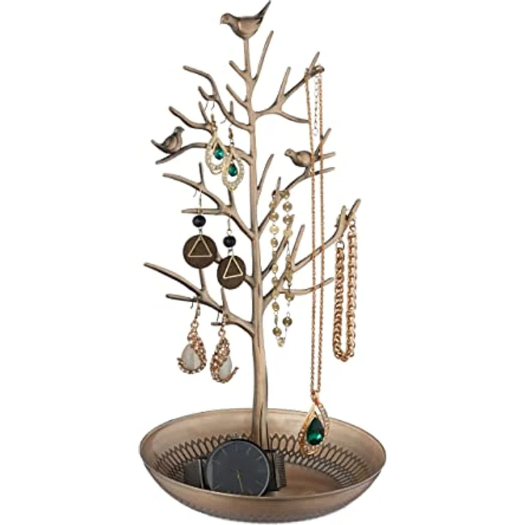 Relaxdays Schmuckständer Baum, gold, edler Schmuckhalter für Ketten, Ohrringe & Armbänder mit Ablage, HxBxT 30x16x15 cm – Bild 1