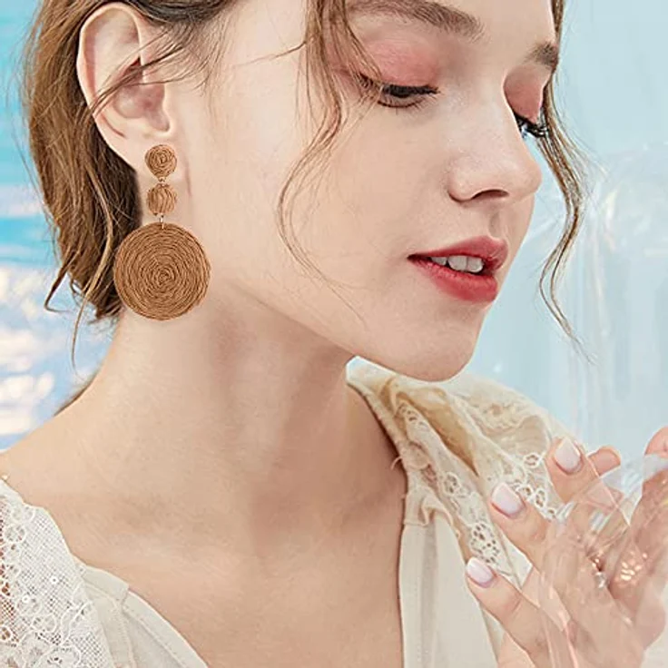 FDEETY Handgemachte Raffia Boho-Ohringe, Geometrische Creolen für Damen, Braun, 100% natürliche Rattanfaser, ultraleicht, perfekt als Geschenk – Bild 2
