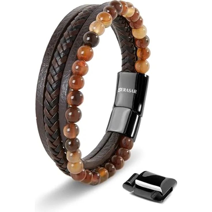 SERASAR Herren Lederarmband Braun mit Naturstein-Achat, geflochten, inklusive Geschenkbox und verlängerbarem Maß