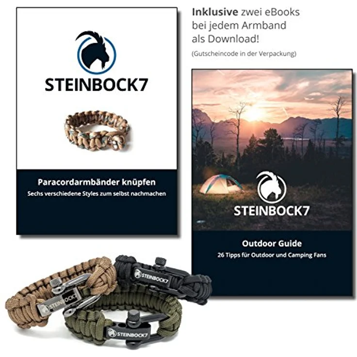 Steinbock7 Paracord Armband Herren Survival, geflochtenes Outdoor-Armband mit Edelstahlverschluss, verstellbar, schwarz – Bild 2