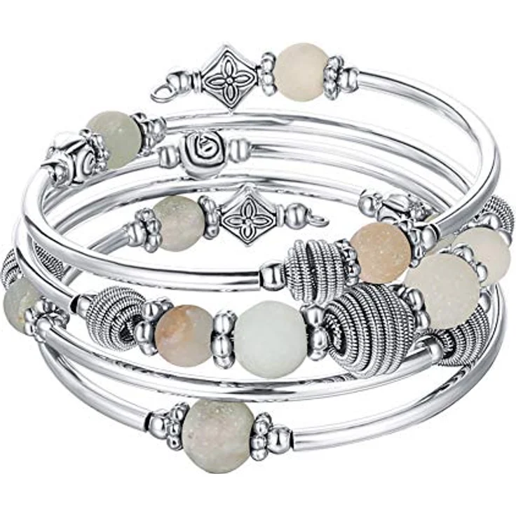 Bulinlin Silber Wickelarmband mit Naturstein Perlen, Boho Mehrschichtiges Damenarmband in Grün, Geburtstagsmodegeschenk für Frauen – Bild 1
