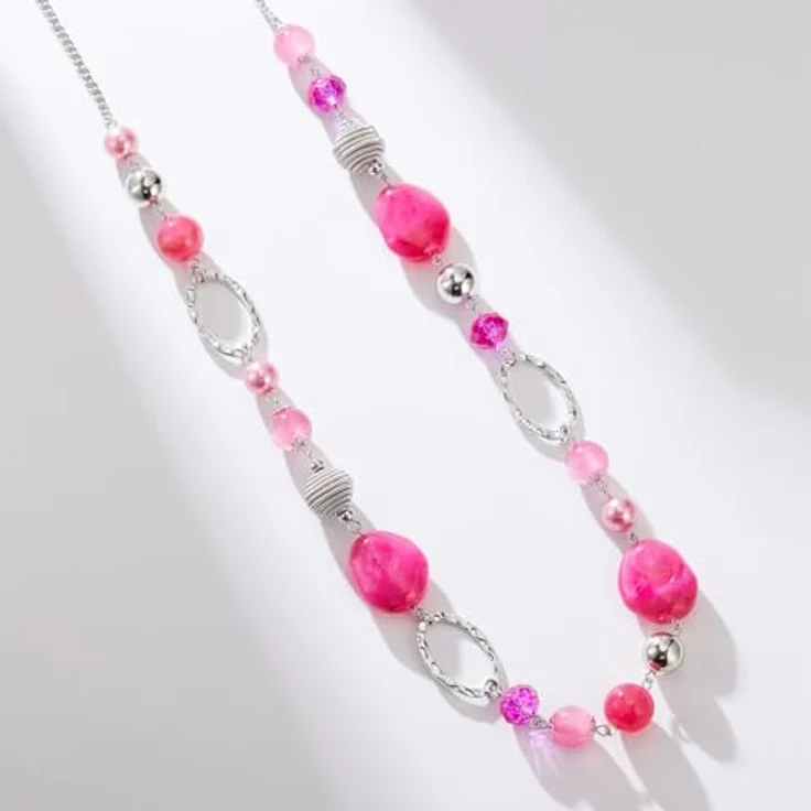 Bulinlin Lange Silber Perlenkette für Damen, Boho Statement Chain Halskette in Hot Pink, 35+3 Zoll, Bleifrei und Nickelfrei, Modisches Geschenk für Frauen – Bild 4