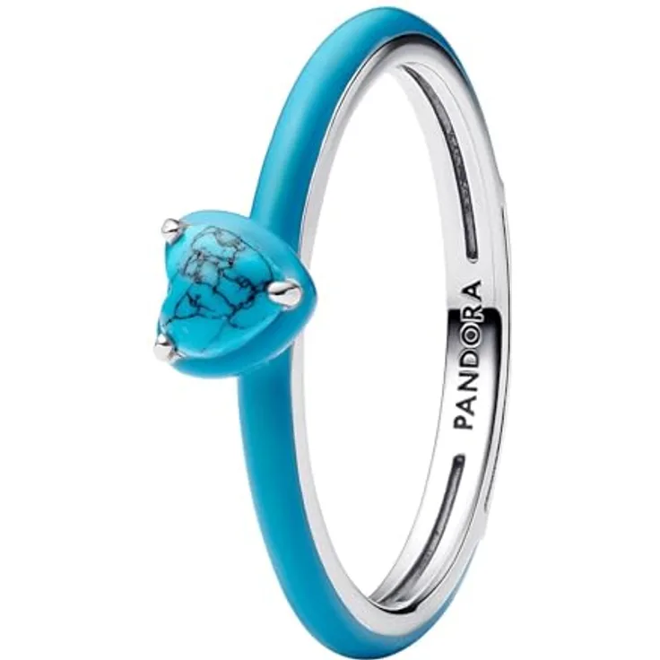 PANDORA Türkisfarbener Herz-Stein Ring aus Sterling-Silber, ME Kollektion, Gr. 58, mit präzise aufgetragener Emaille und intensivem Glanz
