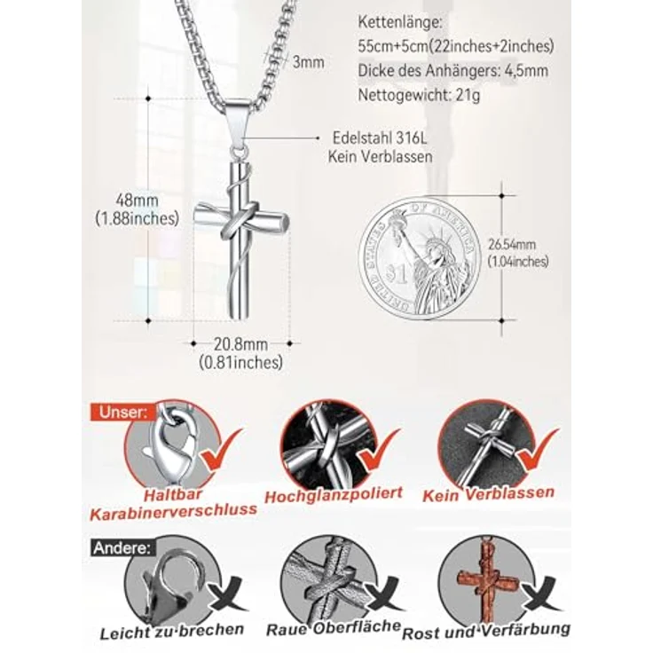 FaithHeart Kreuz Kette Herren Halskette 55 cm, Edelstahl venezianisch, wasserdicht, hypoallergen, silber – Bild 3