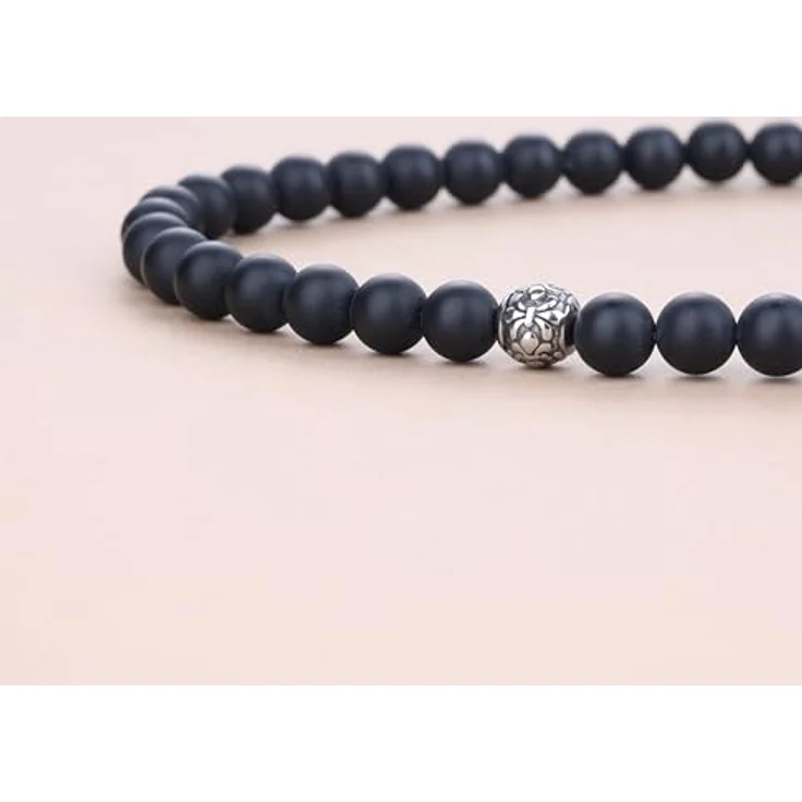 GAVU Matter Onyx Halskette, 60 cm Herren Steinkette mit 8mm matted schwarzen Onyxperlen und Edelstahl Fleur De Lis Perlen, handgefertigt, wasserdicht, in Geschenkbox – Bild 4