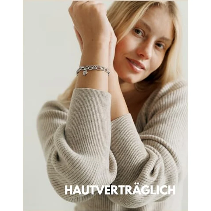 GD GOOD.designs Armband Herz für Damen, Mehrreihiges Charms Armband in Silber, Längenverstellbar (14,5cm - 19,5cm), Figaro Kette, Hautverträglich – Bild 2