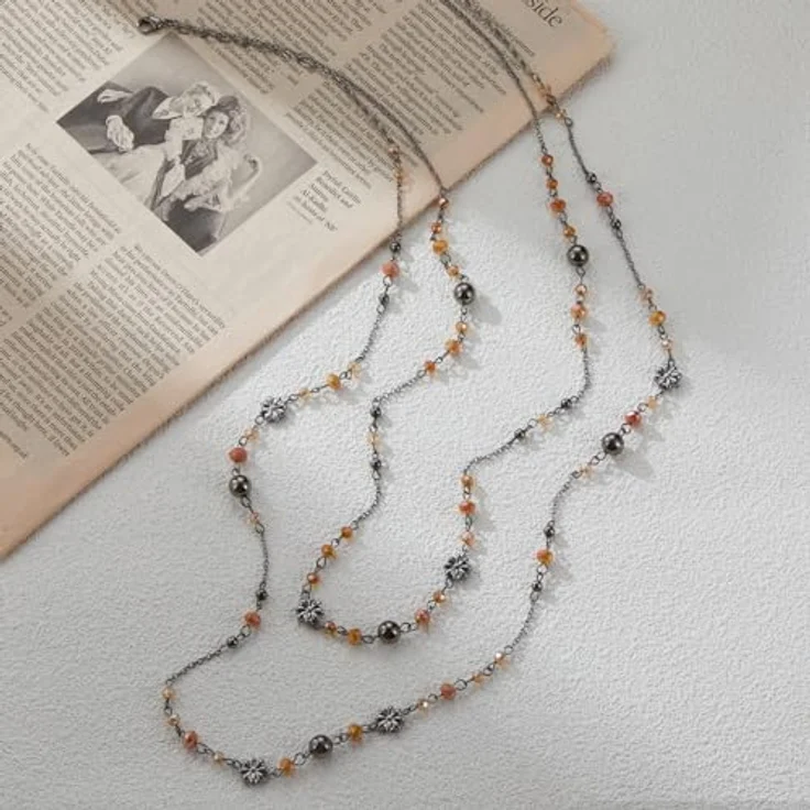 FULU AUTUMN Lange Perlenkette Damen Silber Schwarz mit Kristallen und Metallblumen, Vintage Statement Schmuck, Orange – Bild 2