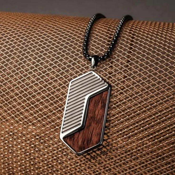 HOLZKERN Herren-Halskette Zigzag, Edelstahl mit Walnuss und dunkelgrauer Plattierung, Dog Tag Anhänger, 55 cm plus 5 cm Verlängerung – Bild 3