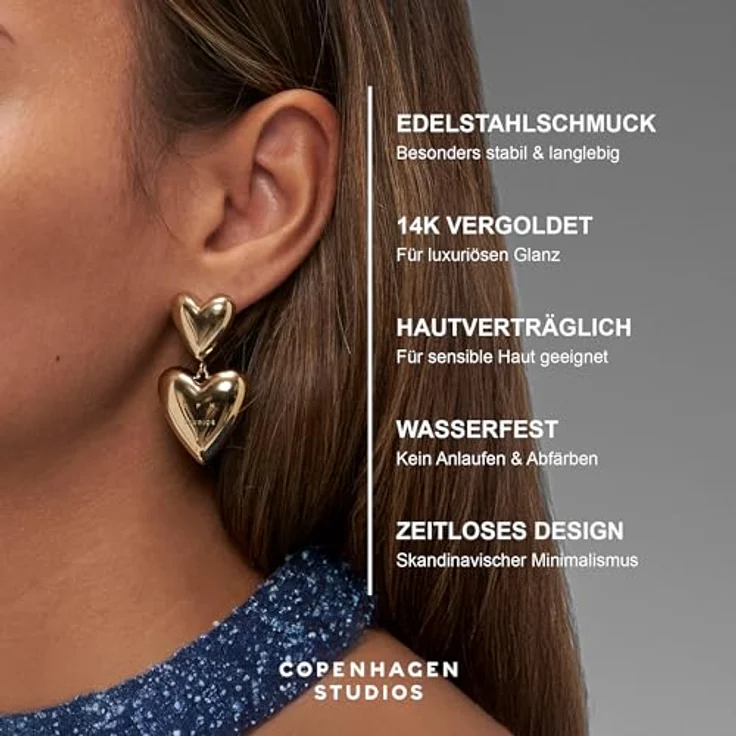 COPENHAGEN STUDIOS Puffy Hearts Ohrringe, gold, voluminöse Damen-Ohrstecker aus poliertem Edelstahl mit 14K Vergoldung, wasserfest & hautfreundlich – Bild 3