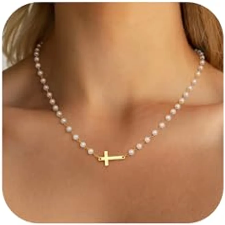 TINGN Halskette Damen Kreuz, 14K Gold Vergoldet, Personalisierbare Perlen Choker, 40cm +5cm verstellbar – Bild 1