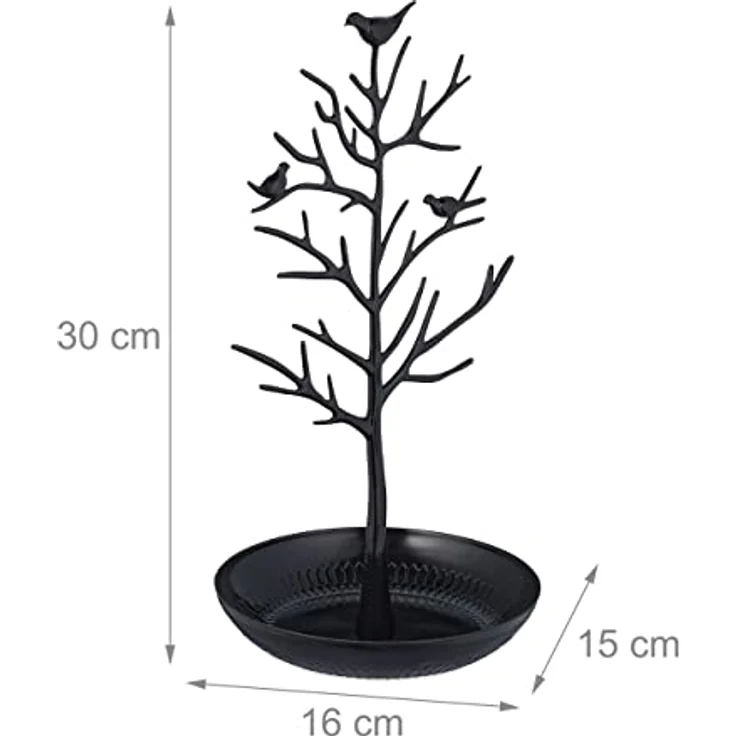 Relaxdays Schmuckständer Baum, Schmuckaufbewahrung für Ketten, Ohrringe & Armbänder, HxBxT 30x16x15 cm, schwarz, mit Ablage für Uhren und Broschen – Bild 4