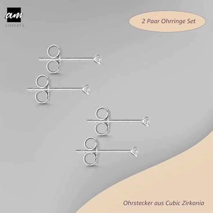 Amberta Klein Ohrstecker, 925 Sterling Silber, Zirkonia 2 mm, 4er Set, hypoallergen, in eleganter silberner Fassung – Bild 4