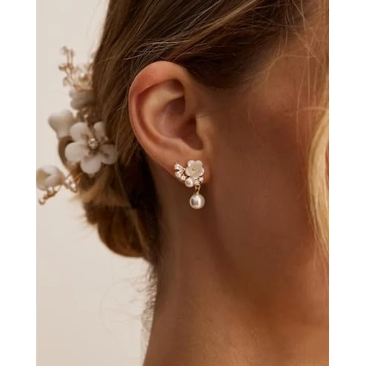 HARJJME Blumen Ohrringe 925 Silber, 14K vergoldet, hängend mit Perlen und Zirkonia, hypoallergen, 5,3 cm lang, Geschenkbox für Frauen – Bild 2