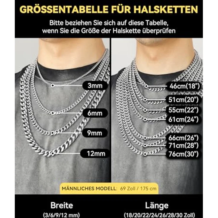 ChainsHouse Herren Edelstahl Panzerkette, 61cm Silber, 12mm, antiallergen, robust, Hip Hop Halsreif – Bild 4
