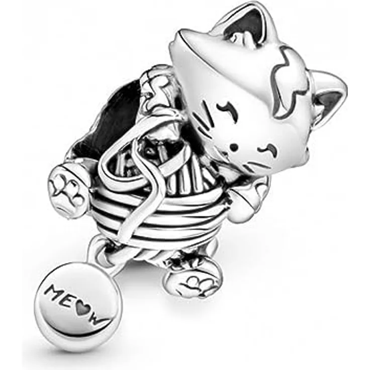 PANDORA Kätzchen & Garnknäuel Charm, Sterling Silber mit „MEOW“ Hänge-Tag, Moments Collection