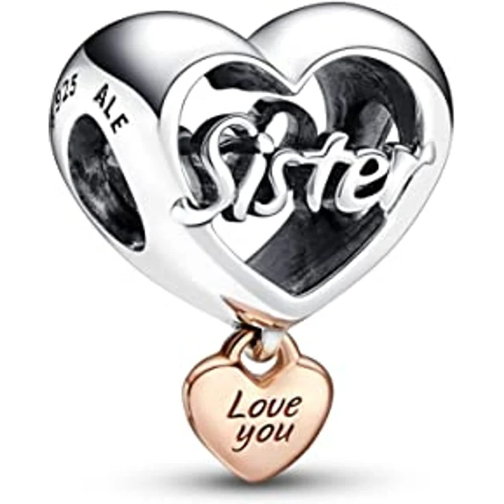 PANDORA „Love You Sister“ Herz-Charm, Sterling-Silber und 14 Karat rosévergoldet, kompatibel mit PANDORA Moments Armbändern – Bild 1