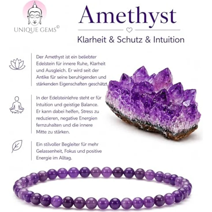 Unique Gems Amethyst Armband, 4mm Naturstein Perlenarmband für Damen, elastisch, handgefertigt in Deutschland, Geschenkverpackung mit Samtbeutel – Bild 5
