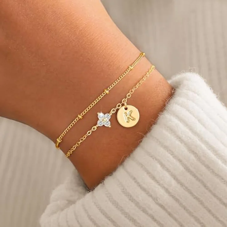 TINGN Gold Armband mit Buchstaben K, vierblättriges Kleeblatt Armband, 14 Karat vergoldet, 6+2 Zoll, mehrlagige Gliederkette, perfekt als Geschenk für Frauen und Mädchen – Bild 2