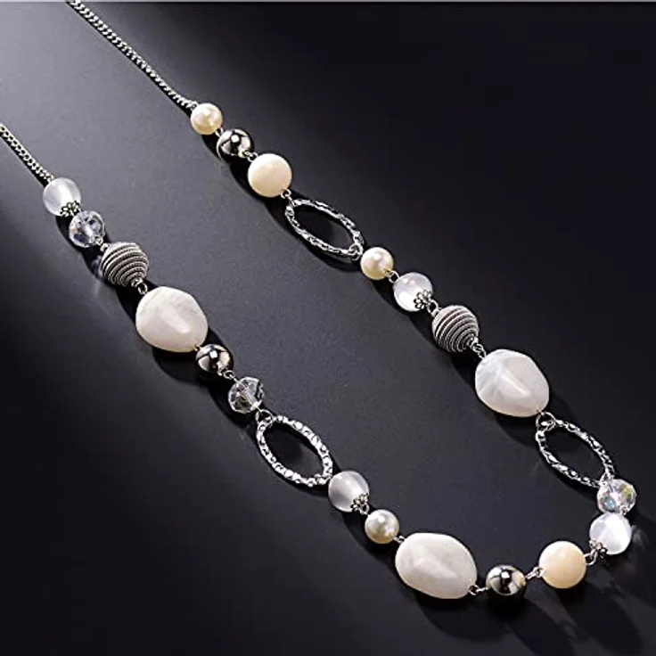 Bulinlin Silber Perplen Lange Kette Damen, Boho Statement Chain Halskette, 35+3 Zoll, weiß – Bild 4