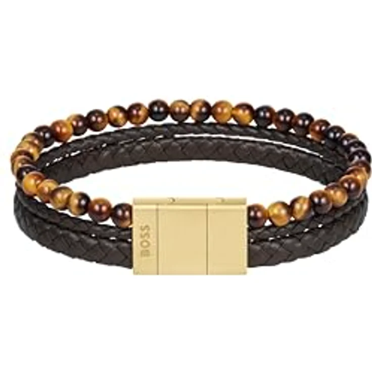 BOSS Jewelry Herren-Armband SPHERE MIXED, modern mit Tigeraugenperlen und braunem Leder, verstellbar, 175-190 mm – Bild 1