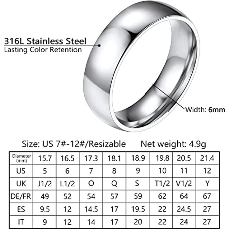 PROSTEEL Finger Ring Edelstahl, hochglanzpolierter Trauring 6mm breit, Größe 49, Partnerring für Damen, Modeschmuck Accessoire – Bild 4