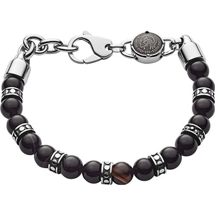 Diesel Armband DX1163040, Herren Perlen Armband aus schwarzen Halbedelsteinen, 18 cm - 19,5 cm, mit Karabinerverschluss, in Geschenkbox