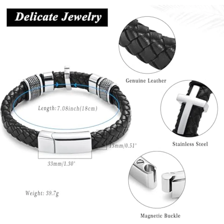 VCCWYQK Urnen-Kreuz-Armband für Asche, echtes Leder, 20/22/24 cm, Gedenk-Asche Schmuck für Herren, mit Edelstahlverschluss und Geschenkbox – Bild 3