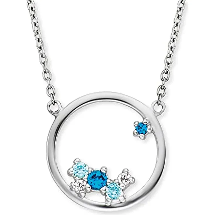 Engelsrufer Damen Halskette, Sterling Silber mit rundem Cosmo Anhänger und 6 blauen Zirkonia Steinen, verstellbar auf 44cm