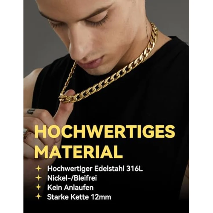 ChainsHouse Gold Panzerkette 12mm Damen, Edelstahl Halskette 61cm, vergoldete kubanische Gliederkette für Damen und Herren, ideales Geschenk zum Jahrestag – Bild 2