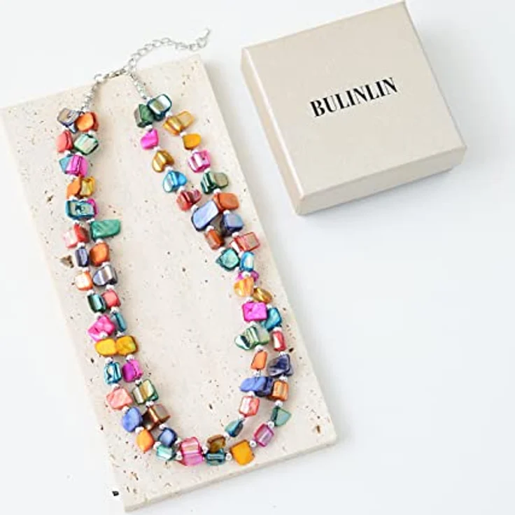 Bulinlin Boho Bunte Perlenkette Damen Muschelkette, 43 cm + 7 cm verstellbar, Handgefertigt aus natürlichen Muscheln, Strand Sommer Choker für Frauen und Mädchen (Colorful) – Bild 5
