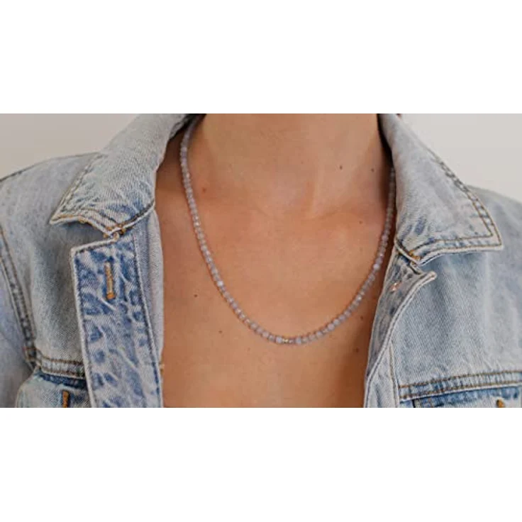 BERGERLIN Chalcedon Halskette, echte Chalcedon Perlenkette in Weiß mit 925 Sterling Silber Verschluss, Größe M-L (50-55 cm) – Bild 5