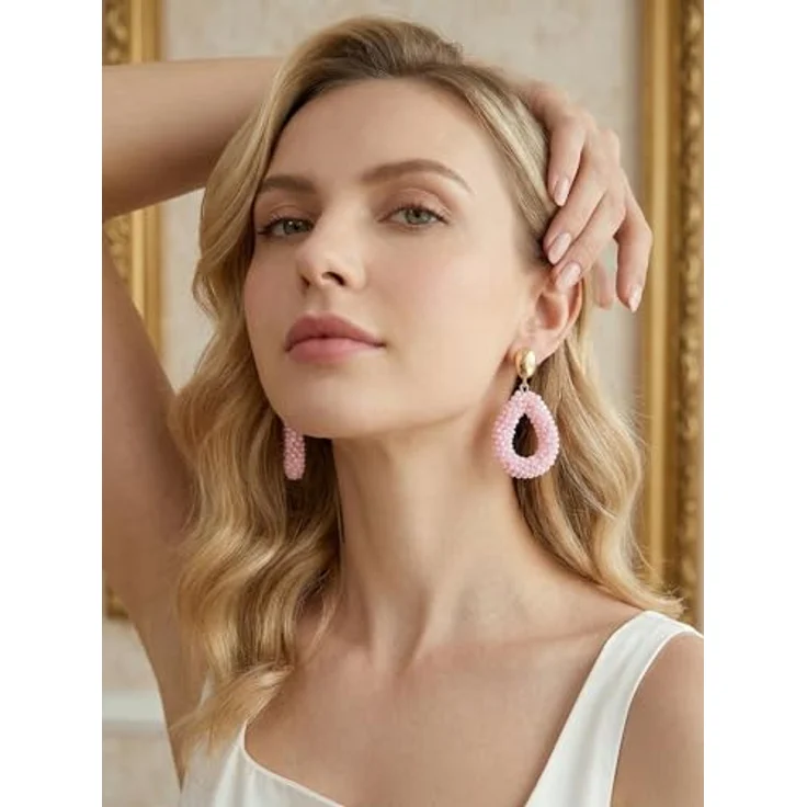 BREPINE Pink Boho Ohrringe, hängend aus Reisperlen, tropfenförmig, leicht, eleganter Schmuck für Damen, 2,09 Zoll Länge – Bild 5