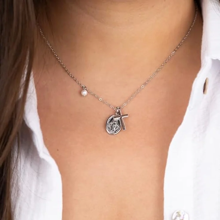 Engelsrufer Damen Halskette aus Sterling Silber mit Kreuz und Maria Symbol, Muschelperlen Anhänger, verstellbar von 40 cm bis 44 cm, nickelfrei – Bild 2